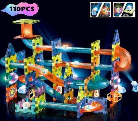 110pcs Light Magnetic Tiles Building Blocks for Kids, 3D Clear Educational Toys, Magnetic Marble Run STEM Magnetic Blocks Toys