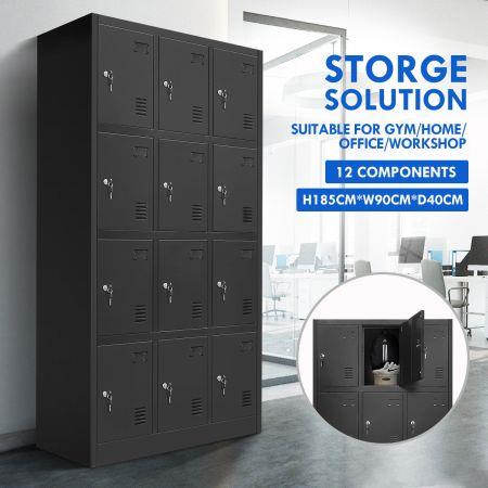 12 Doors Steel Locker Gym Office School Home Stationary Storage Cabinet Black