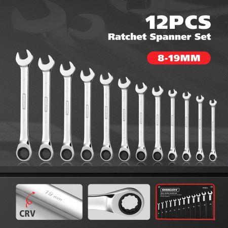 12 PCS Cr-V Ratchet Spanner Set Mirror Polish 72 Tooth Ratchet Wrench Tool