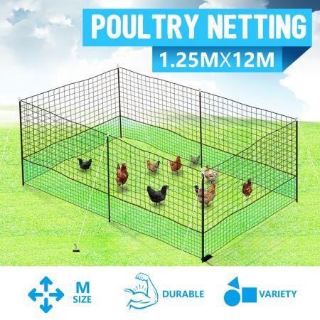 12M X 1.25M Poultry Net Chicken Netting Fence Hens Ducks Gooses With 6 Posts
