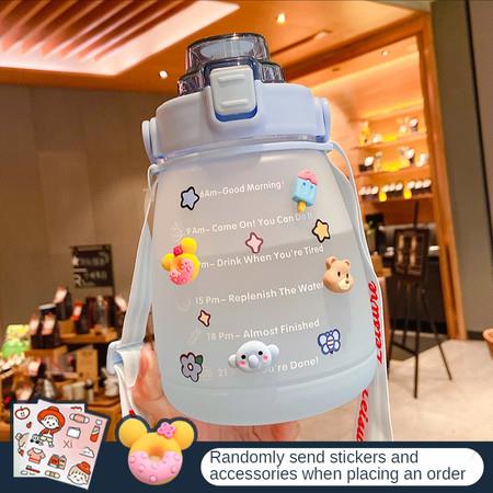 1400ml Cute  Water Bottle with Stickers Straw Big Belly Cup Sports Bottle for Water Jug Children Kettle  Color Blue with random stickers and accessories