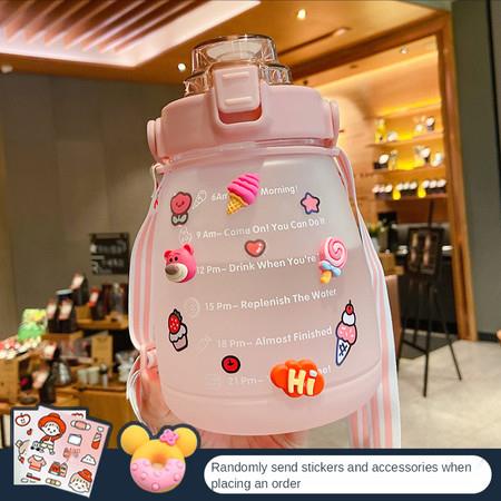 1400ml Cute  Water Bottle with Stickers Straw Big Belly Cup Sports Bottle for Water Jug Children Kettle  Color PINK with random stickers and accessories
