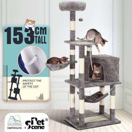 153cm Large Cat Scratching Post Cat Gym Tree with Cat Condo Rope Toy Hammock