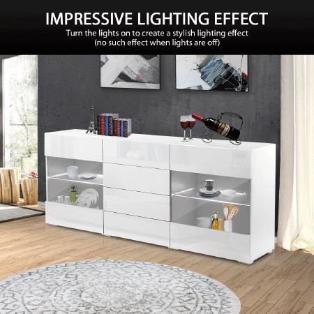 180cm High Gloss Front White Sideboard Buffet Table 4-Drawer Cupboard LED Light