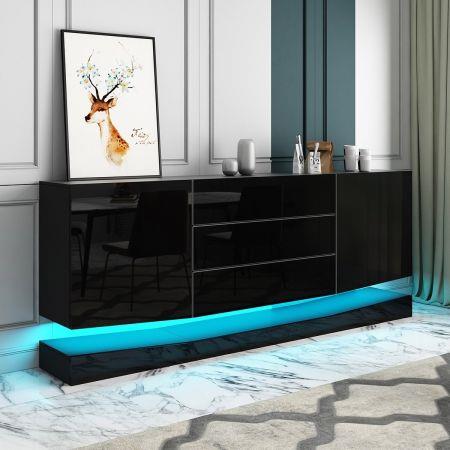 180cm Wall Mounted Sideboard Buffet Cupboard 2 Cabinets 3 Drawers High Gloss Front LED Lighting Black