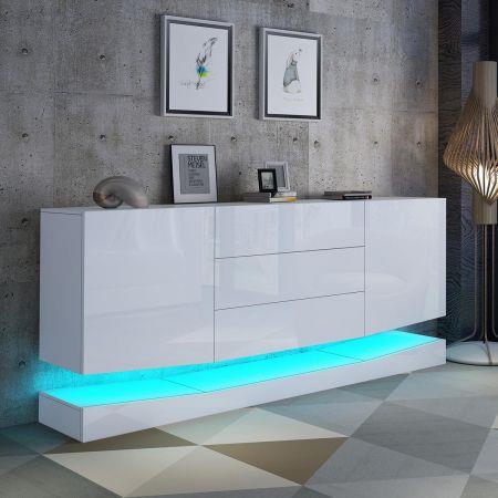 180cm Wall Mounted Sideboard Buffet Cupboard 2 Cabinets 3 Drawers High Gloss Front LED Lighting White