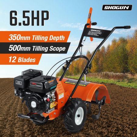 196CC Garden Tiller Cultivator 6.5HP 4 Stroke Petrol Rotary Hoe Tine Rototiller 500mm Width