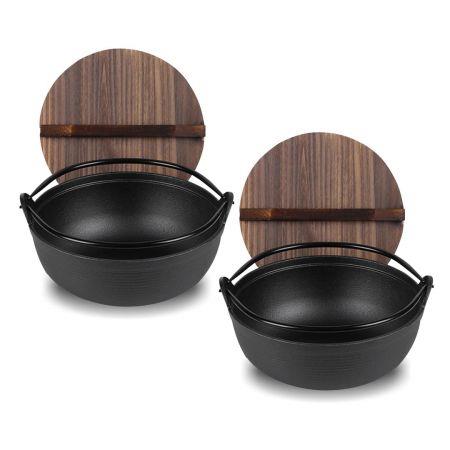 2X 25cm Cast Iron Japanese Style Sukiyaki Tetsu Nabe Shabu Hot Pot with Wooden Lid