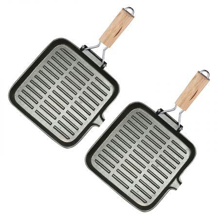 2X 28cm Ribbed Cast Iron Square Steak Frying Grill Skillet Pan with Folding Wooden Handle