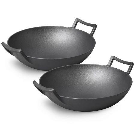 2X 32cm Commercial Cast Iron Wok FryPan Fry Pan with Double Handle