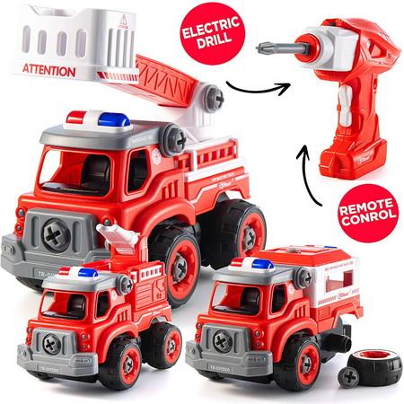 3 in 1 Fire Truck DIY Take Apart Toy with Electric Drill Play Mat Sign boards