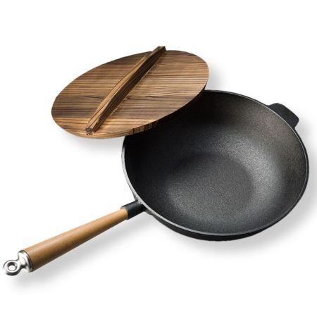 31cm Commercial Cast Iron Wok FryPan Fry Pan with Wooden Lid