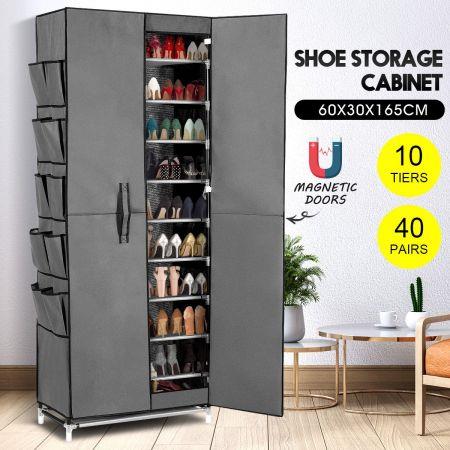 40 Pairs 10 Tier Metal Stackable Shoe Rack Cabinet Shoe Organizer Storage Wardrobe 165cm Grey