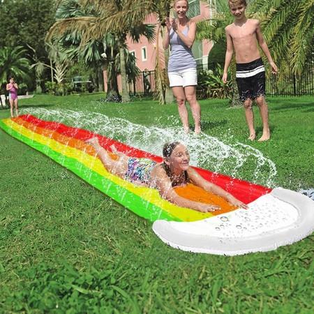 480*76CM Lawn Water Slides Rainbow Silp Slide with Spraying and Inflatable Crash Pad