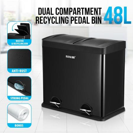 48L Dual Compartment Pedal Bin Kitchen Recycling Waste Bins Coated Steel Black