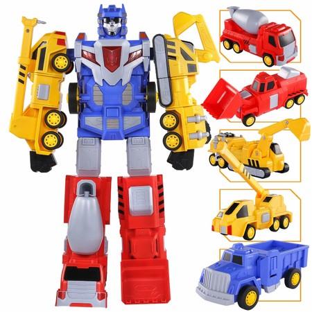 5-in-1 Construction Vehicles -Transform into Robot Action Figures, Assemble into Giant Pull-Back Truck