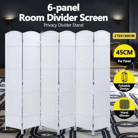 6 Panel Room Divider Decorative Folding Rattan Wicker Screen Room Privacy Separator White