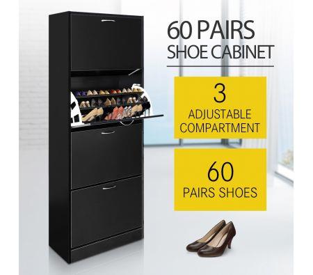 60 Pair Shoe Cabinet 4 Rack Wooden Home Footwear Storage Stand - Black