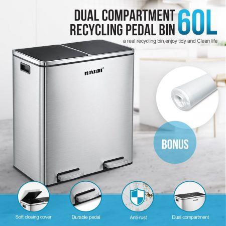 60L Dual Compartment Stainless Steel Dustbin w/ Lids and Pedals