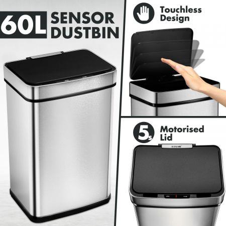60L Motion Sensor Bin Automatic Touchless Stainless Steel Kitchen Waste Rubbish Trash Can - Silver