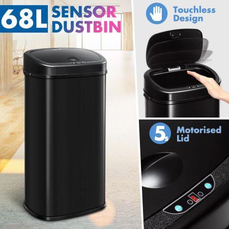 68L Motion Sensor Bin Automatic Touchless Stainless Steel Kitchen Waste Rubbish Trash Can - Black