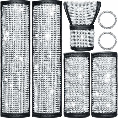 7 Piece Crystal Diamond Car Accessories Bling Seat Belt Covers Rhinestone Door Handle Cover Crystal Auto Shift Gear Cover Handbrake Cover Starter Ring Emblem Sticker
