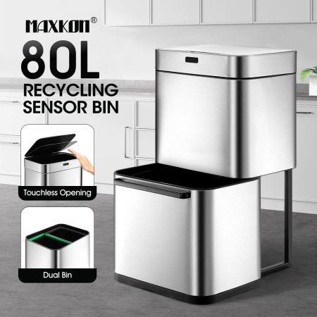 80L Dual Rubbish Bin Sensor Recycling Kitchen Waste Trash Garbage Can Stainless Steel Silver