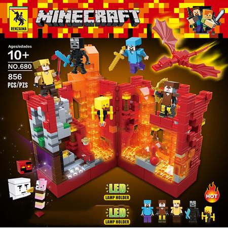 856Pcs Minecraft Building Block Cross-platform Lava Cave Mechanism Scene Compatible Lego with Lighting Kit