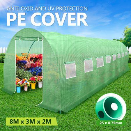 8x3x2m Greenhouse Large Portable Walk In Tunnel Backyard Garden Outdoor with PE Cover 2 Doors 16 Vents