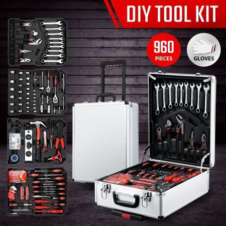 960-Piece Tool Kit Trolley Case 4-Tier Organiser Home Repair Storage Toolbox Set Silver