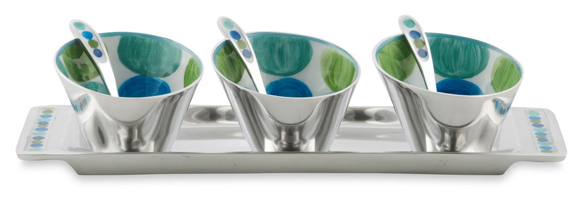 Aluminium Multi Circle Dot Design 3 piece Condiment Bowl Set with Spoons and Tray