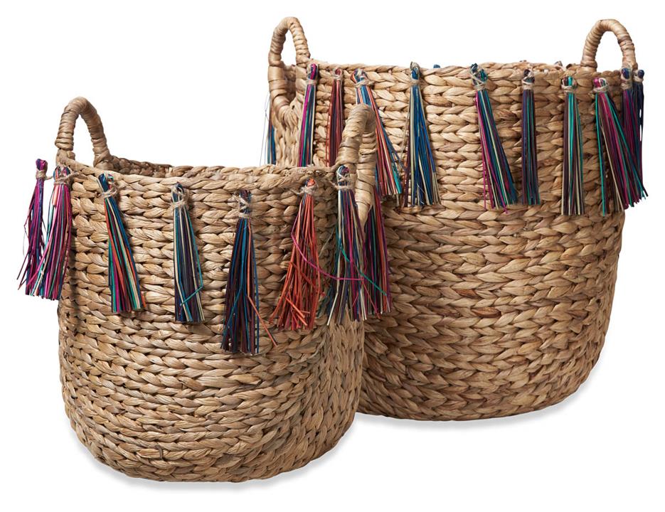 Amira Set of 2 Woven Baskets with Coloured Fringe - Natural/Multicolour