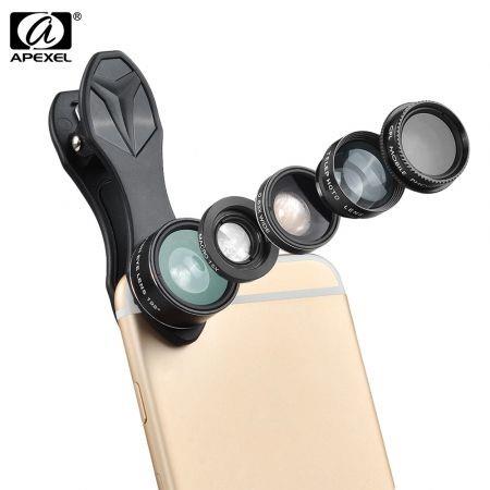 APEXEL APL - DG5 5 in 1 Camera Phone Lens Kit 198 Degree Fisheye 0.65X Wide Angle 15X Macro 2X Telephoto Polarizer Shutterbug Necessary for iPhone Samsung Xiaomi ZTE Notebook PC