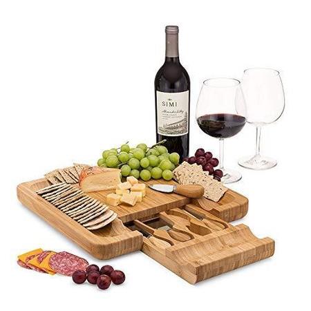 Bamboo Charcuterie Cheese Board Cutlery Knife Set with 4 knives set Magnetic 2 Drawers