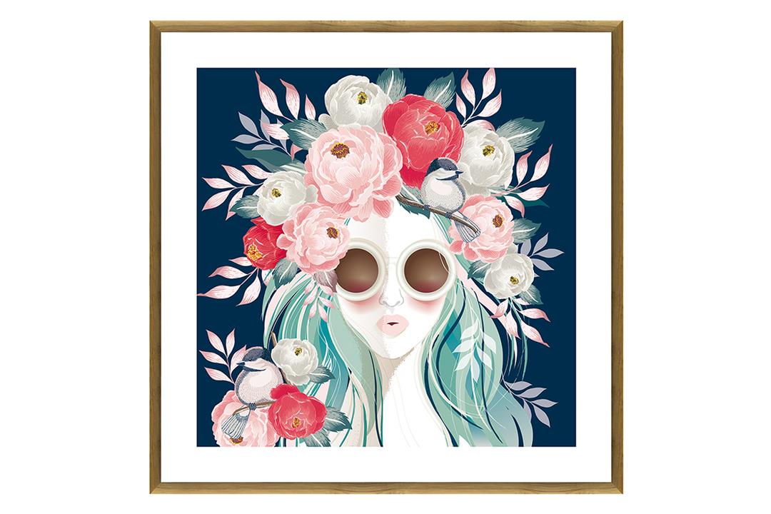 Blooming Blue Print In Glass-Matt Board+Oak Frame