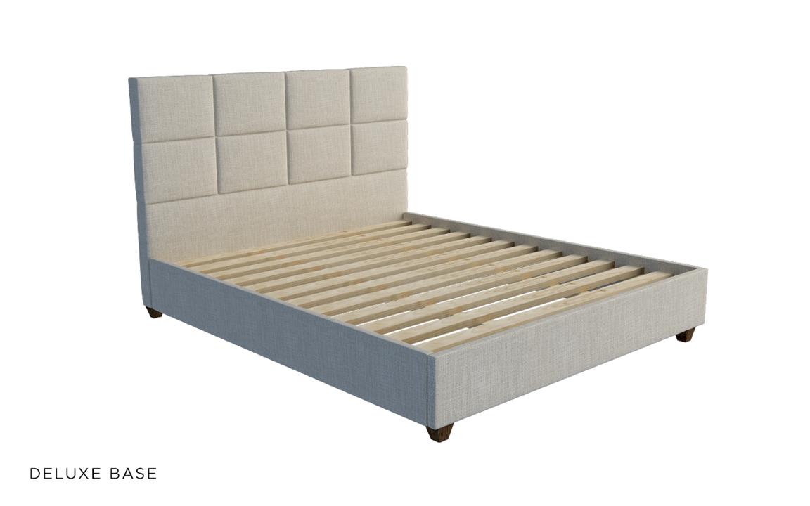 Boxy custom upholstered bed with choice of standard base