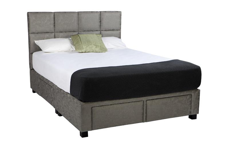 Boxy custom upholstered bed with choice of storage base