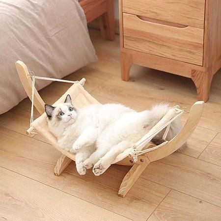 Cat hammock bed, soft plush bed chair with stand, wooden robust pet bed for small animals, easy to assemble, soft warm comfortable pet hammock.