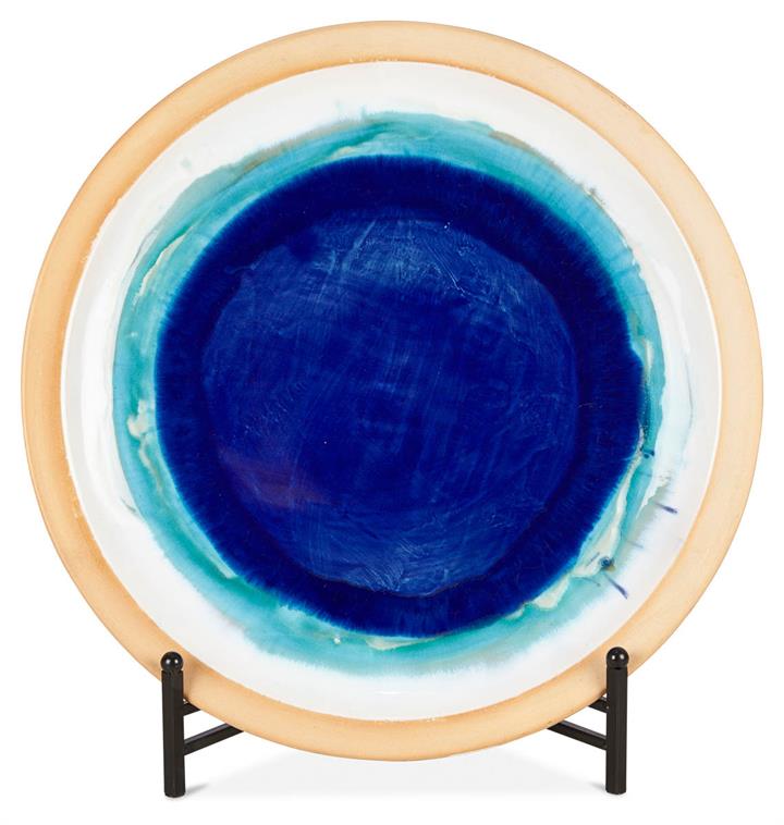 Ceramic Azure Glazed Plate with Stand - Blue/Natural