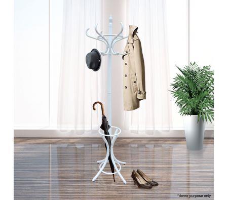 Coat Stand with 12 Hooks - Tree Style with Base Ring for Umbrellas - White