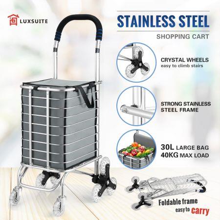 Collapsible Shopping Trolley Cart Folding Shopping Bag on Wheels Grey
