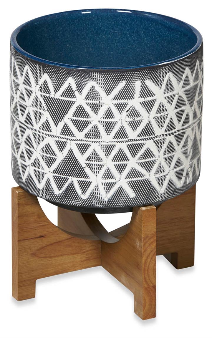 Criss Cross Ceramic Pot on Wood Stand Medium - Dark Grey/Natural