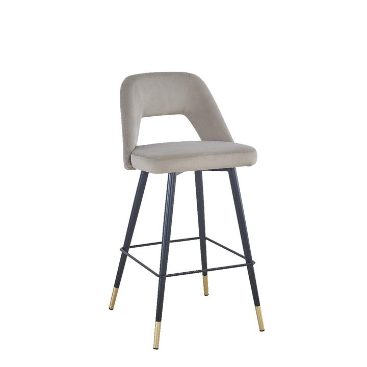 Delphi Barstool in Light Grey Velvet and Black Legs with Gold Tip - Set of 2
