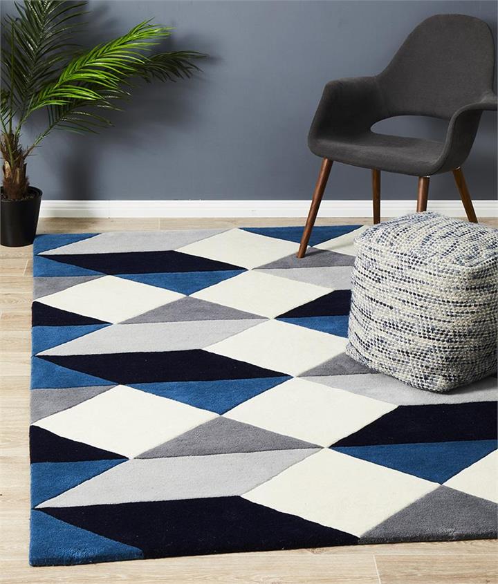 Digital Designer Wool Rug Blue Grey White 225x155cm