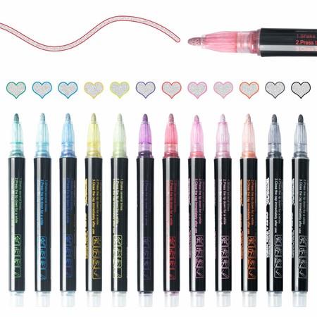 Double Line Outline Pens 12 Colors Self Outline Metallic Markers for Drawing, Greeting Cards, Craft Projects, Posters, Painting, Kid Journal, Self Journal