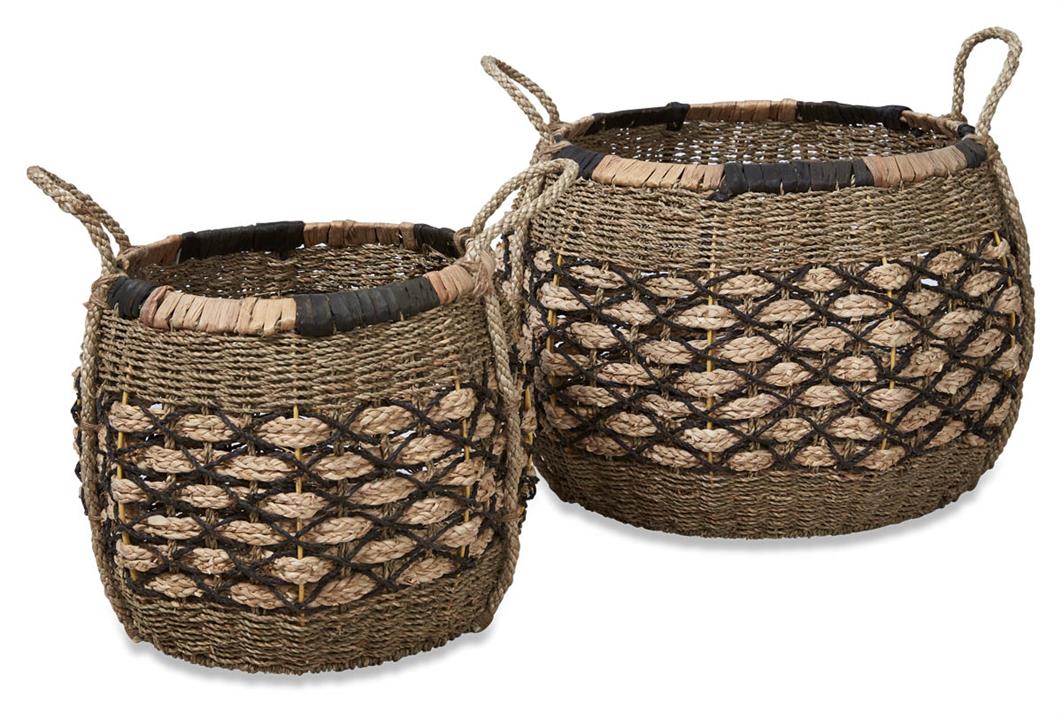 Equador Set of 2 Woven Round Seagrass Baskets - Black/Natural