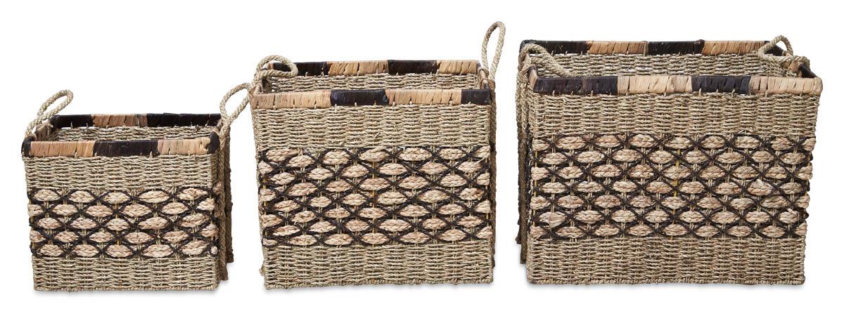 Equador Set of 3 Rectangular Woven Water Hyacinth Baskets - Black/Natural