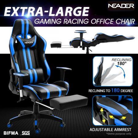Ergonomic Office Computer Chair PU Leather Sport Gaming Race Seat w/ Footrest - Blue & Black