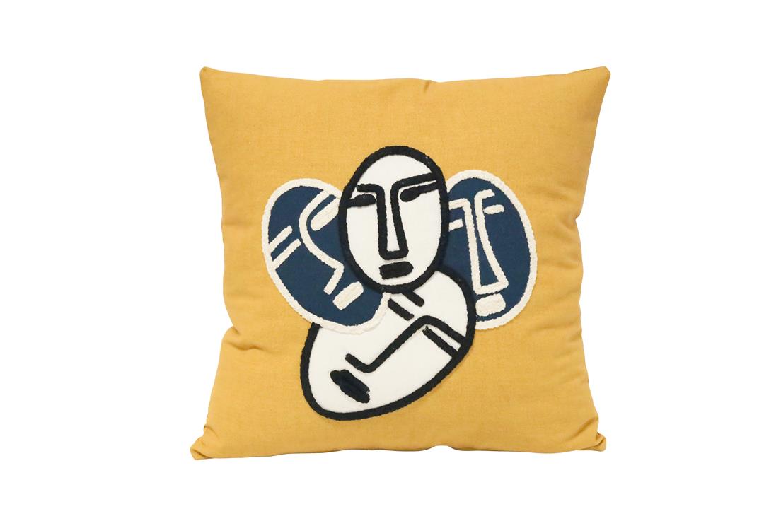 Faces Embroided Cushion - Mustard/Blue/White