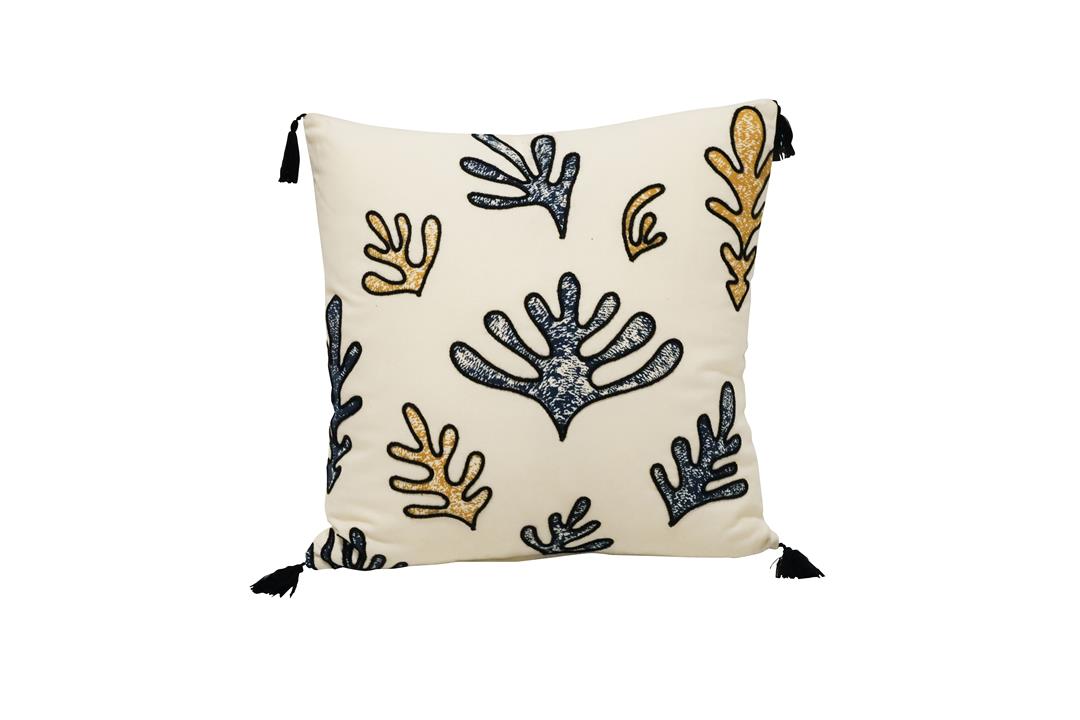 Fern Embroided Cushion - Mustard/Blue/White